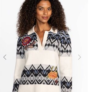 Johnny Was fairisle floral embroidered polo cashmereSweater - Black, Blue, Cream